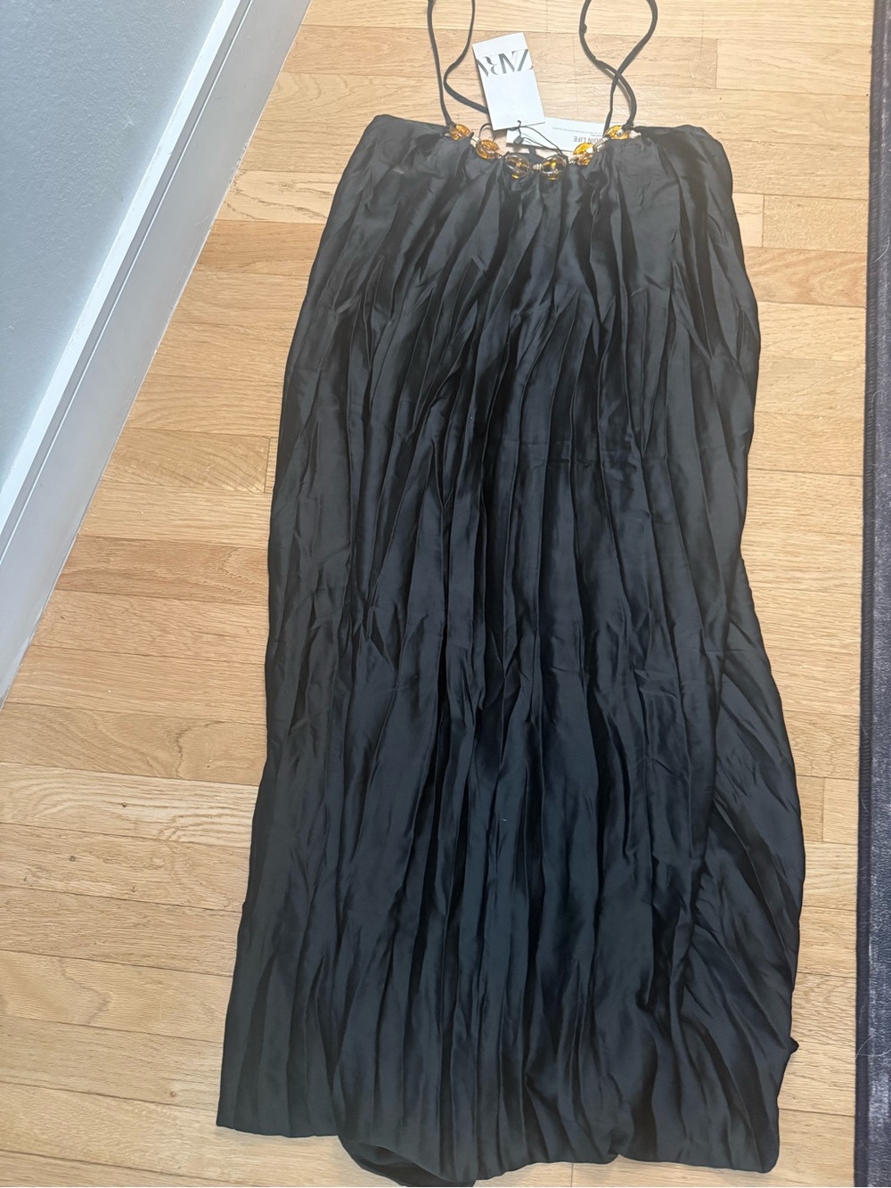 ZARA Black Slip Dress with Amber Beaded Neckline
